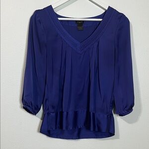 Ann Taylor Silk-Feel V-Neck Blouse in Deep Blue Made in India
